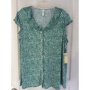 Per Seption Woman 2X Blouse Green White Ruffle Sleeveless V-Neck Geometric NEW